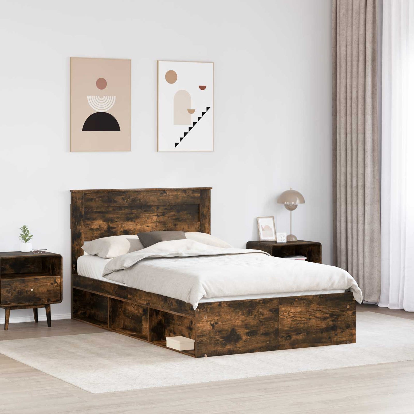 Bed Frame with Storage Smoked Oak 135 x 190 cm Solid Pine Wood