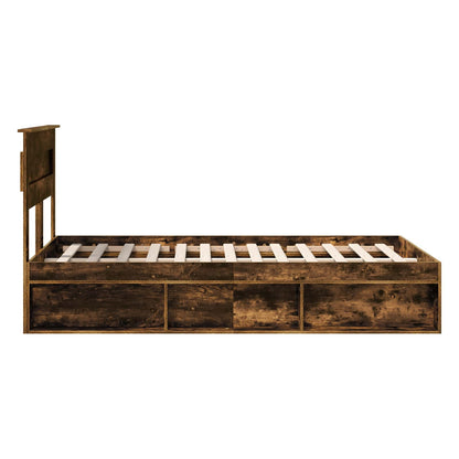 Bed Frame with Storage Smoked Oak 135 x 190 cm Solid Pine Wood