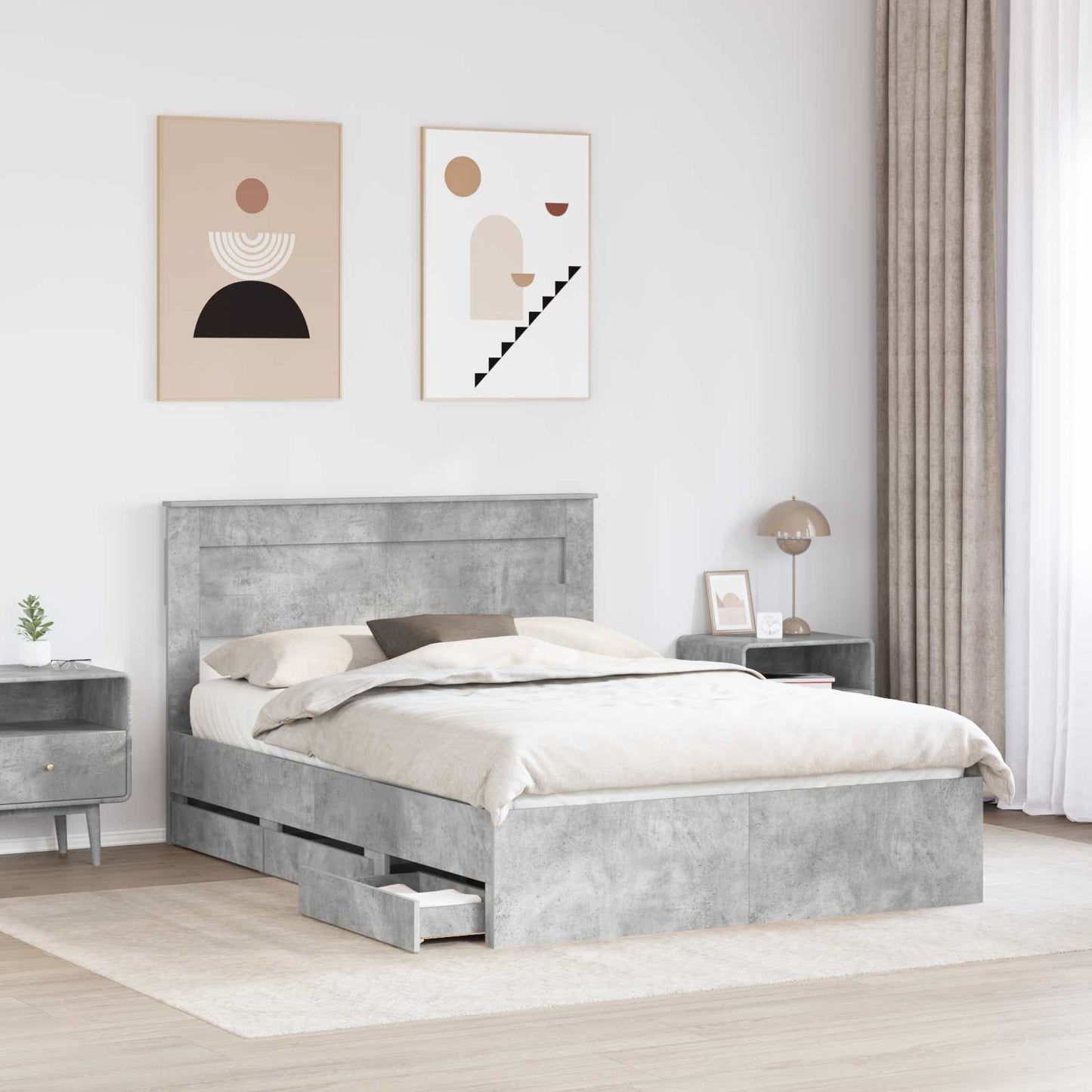 Bed Frame with Drawer Concrete Grey 140 x 190 cm Engineer Wood