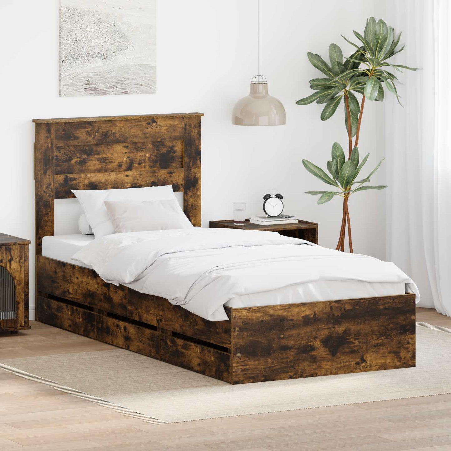 Bed Frame with Drawer Smoked Oak 100 x 200 cm Engineer Wood