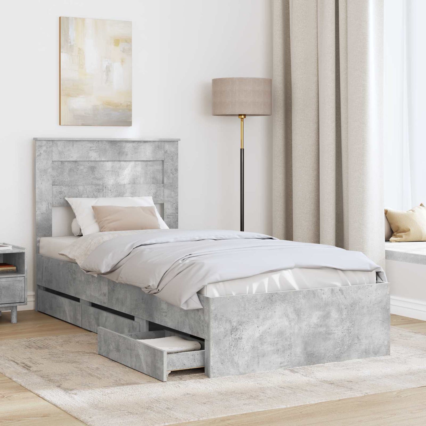 Bed Frame with Drawer Concrete Grey 90 x 190 cm Engineer Wood