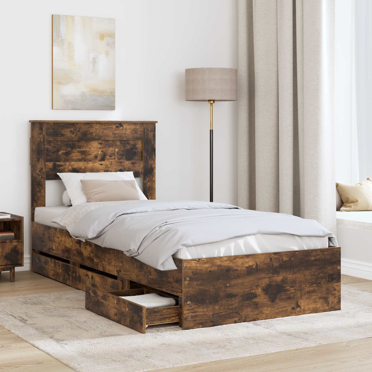 Bed Frame with Drawer Smoked Oak 90 x 200 cm Engineer Wood