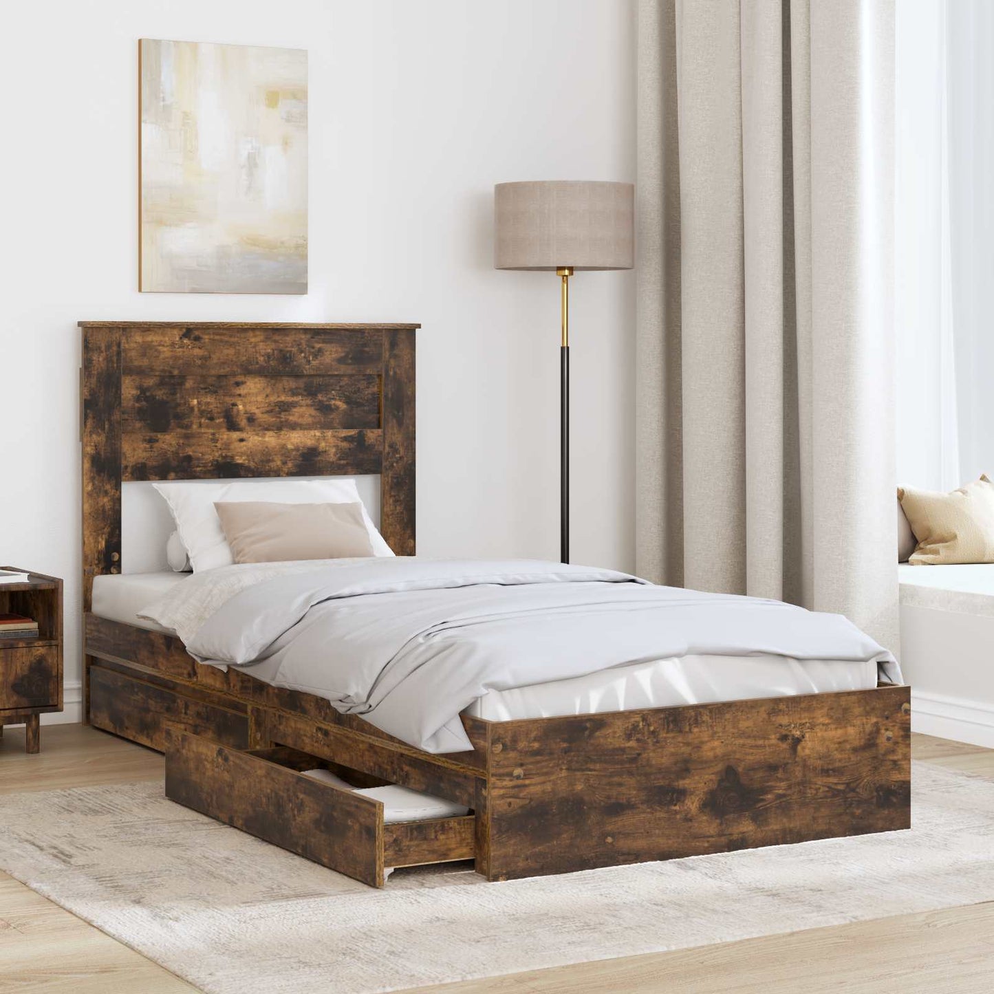 Storage Bed with Drawer Smoked Oak 90 x 200 cm Engineered Wood