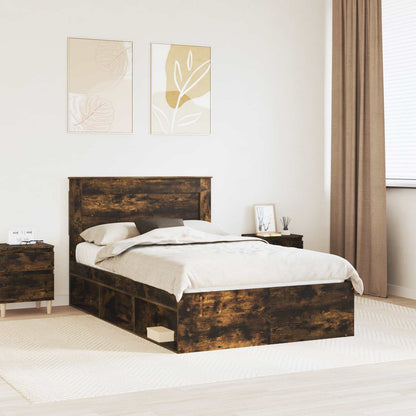 Bed Frame with Drawer Smoked Oak 135 x 190 cm Solid Pine Wood