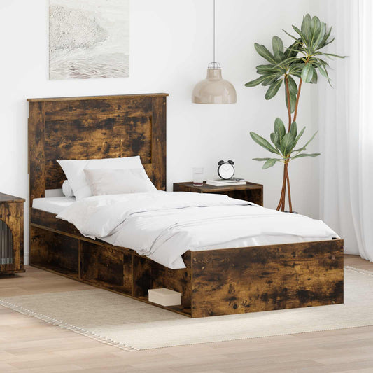 Bed Frame with Drawer Smoked Oak 90 x 200 cm Solid Pine Wood