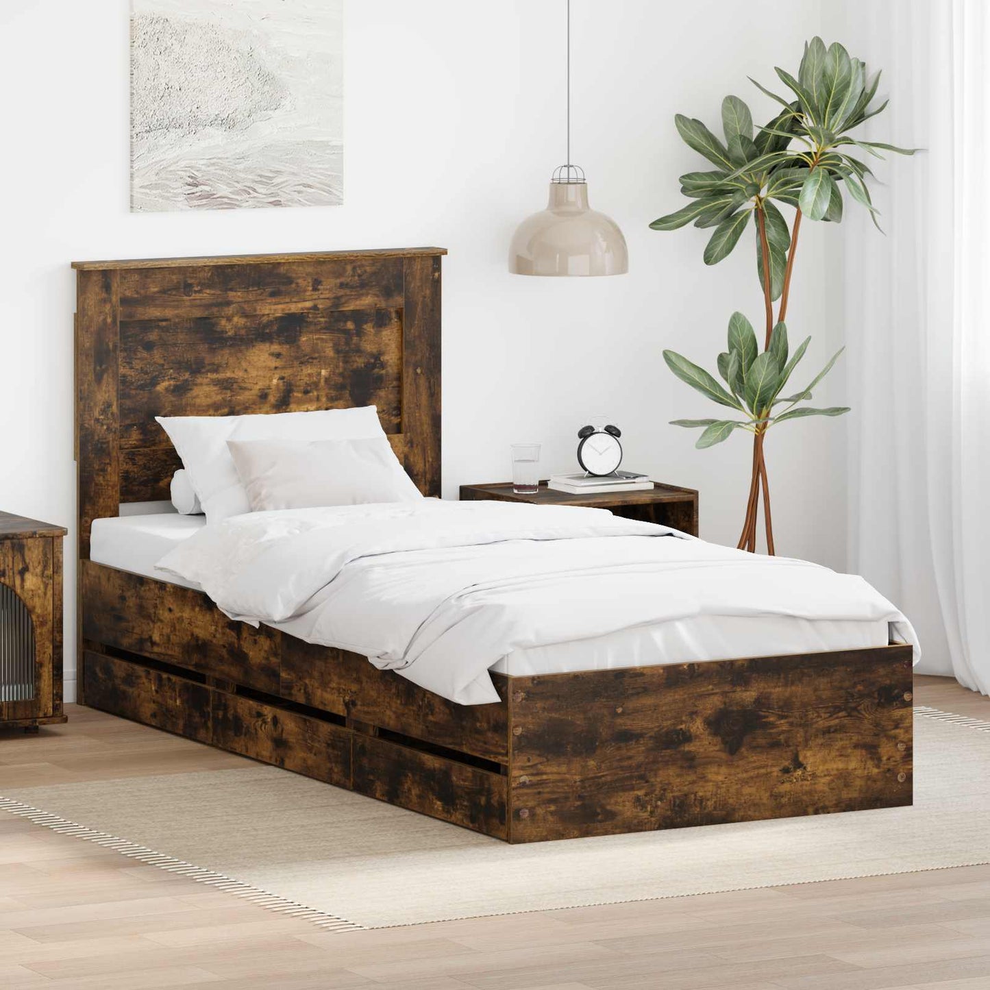 Bed Frame with Drawer Smoked Oak 90 x 190 cm Engineer Wood