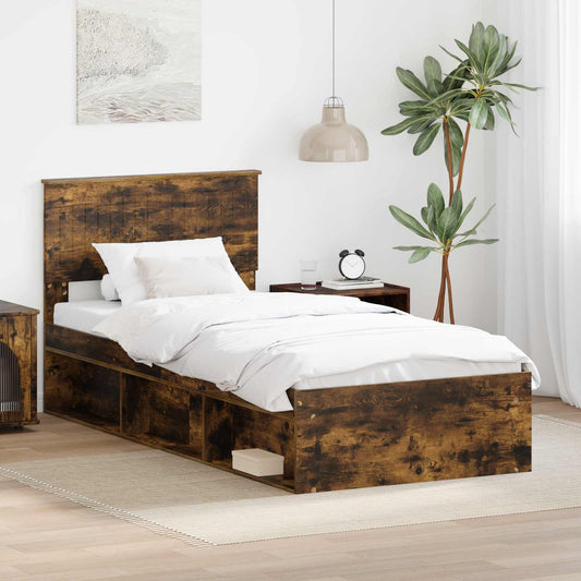 Bed Frame with Headboard Smoked Oak 90 x 190 cm Solid Pine Wood
