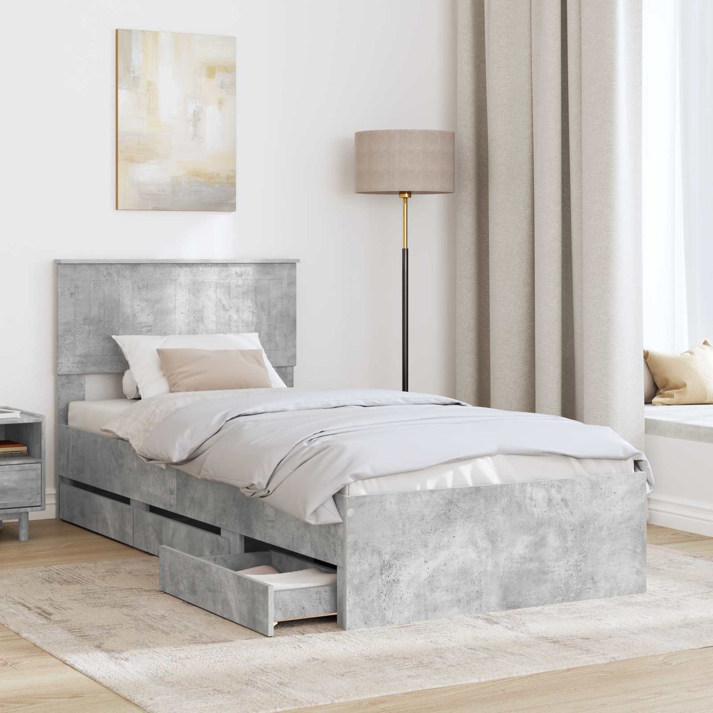 Bed Frame with Drawer Concrete Grey 90 x 190 cm Engineer Wood