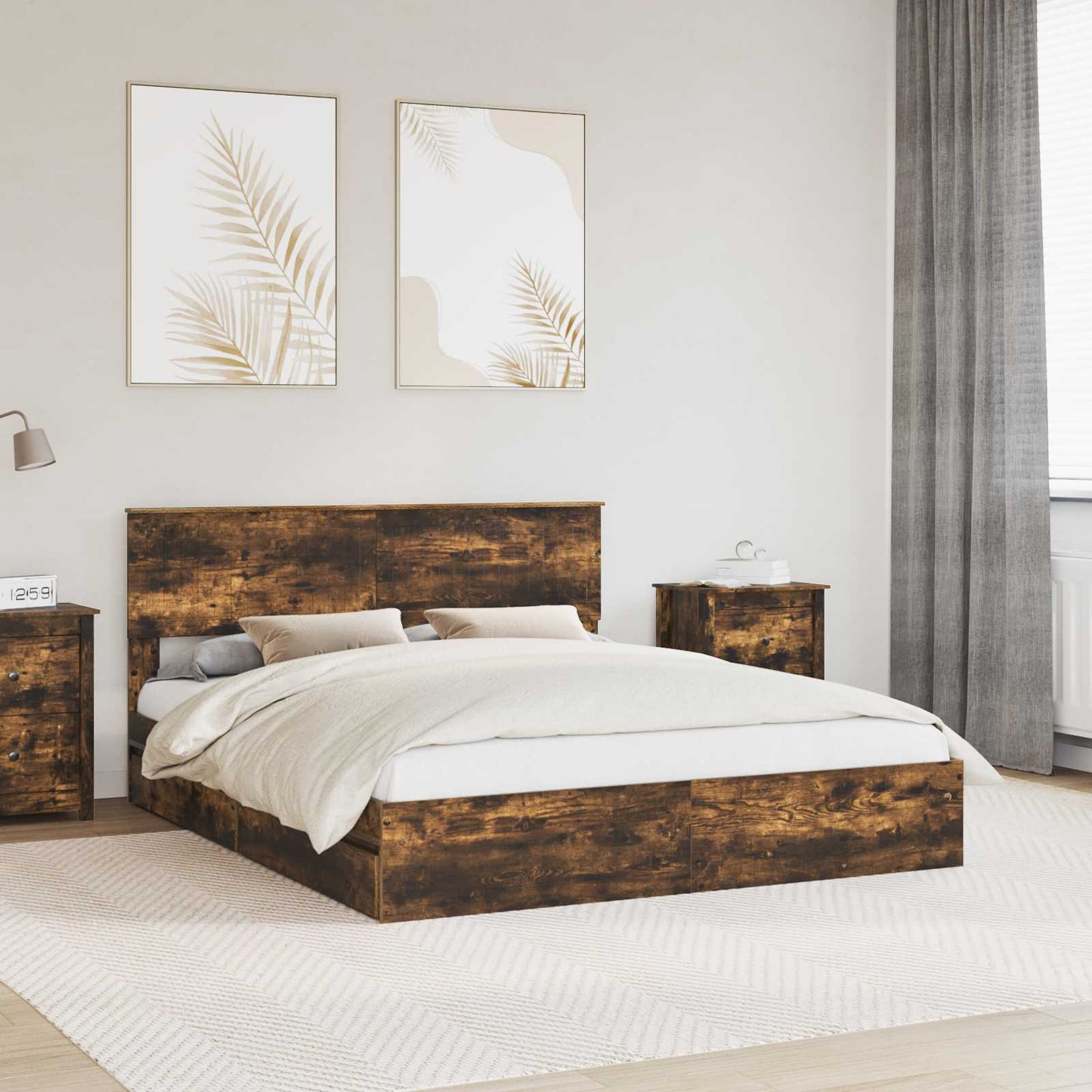 Storage Bed with Drawer Smoked Oak 160 x 200 cm Engineered Wood