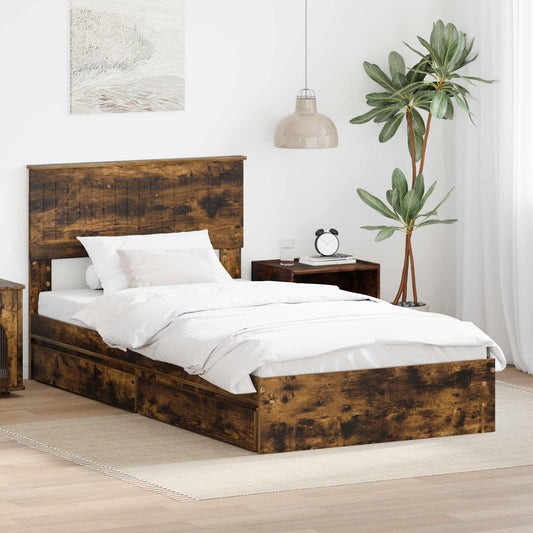 Storage Bed with Drawer Smoked Oak 100 x 200 cm Engineered Wood