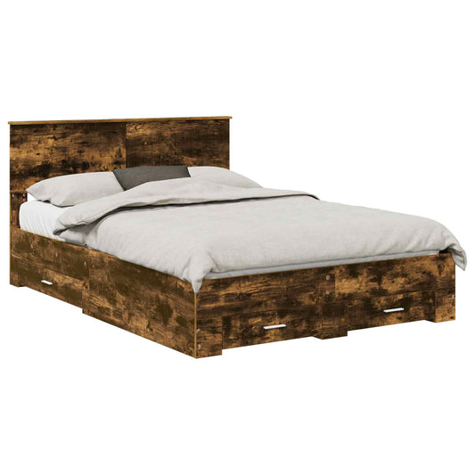 Bed Frame with Drawer Smoked Oak 140 x 200 cm Engineered Wood