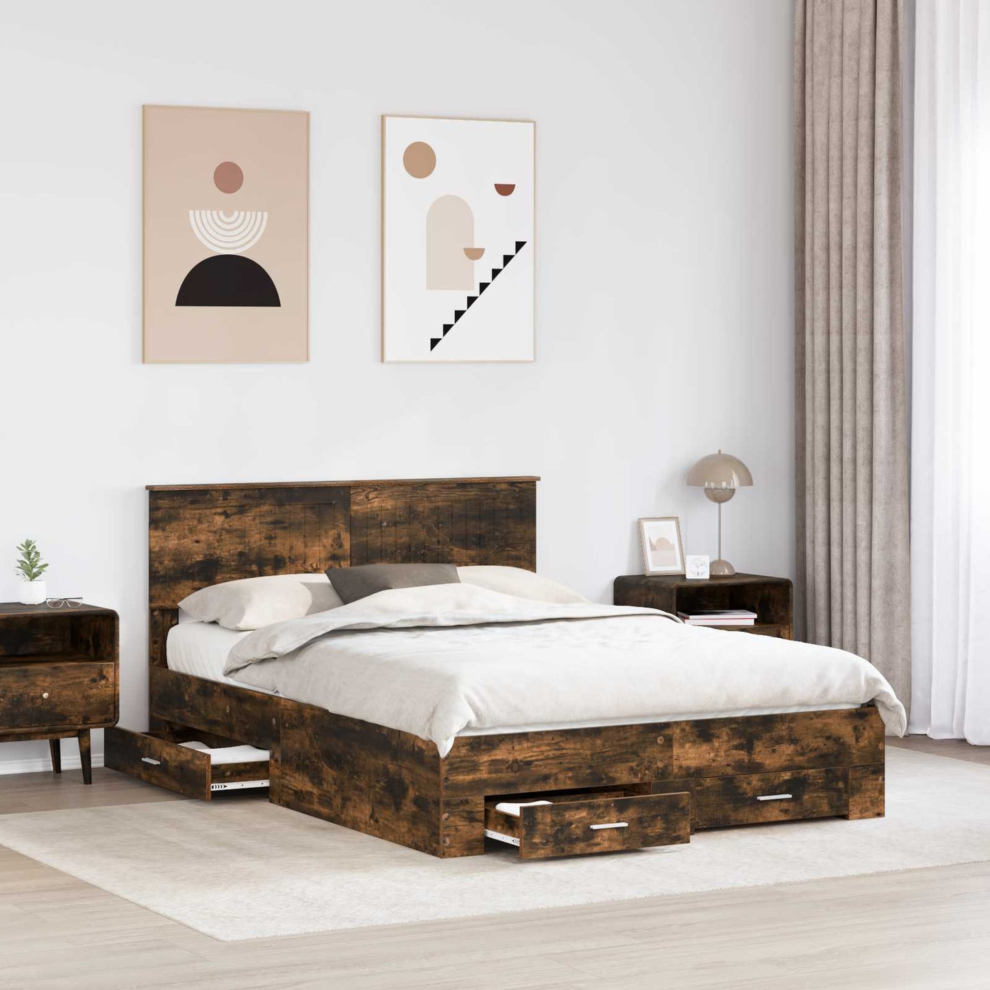 Bed Frame with Drawer Smoked Oak 135 x 190 cm Engineered Wood