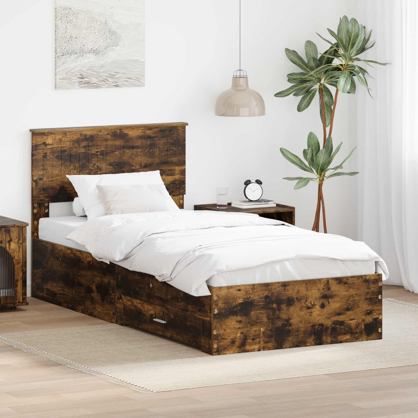 Bed Frame with Drawer Smoked Oak 90 x 200 cm Engineered Wood