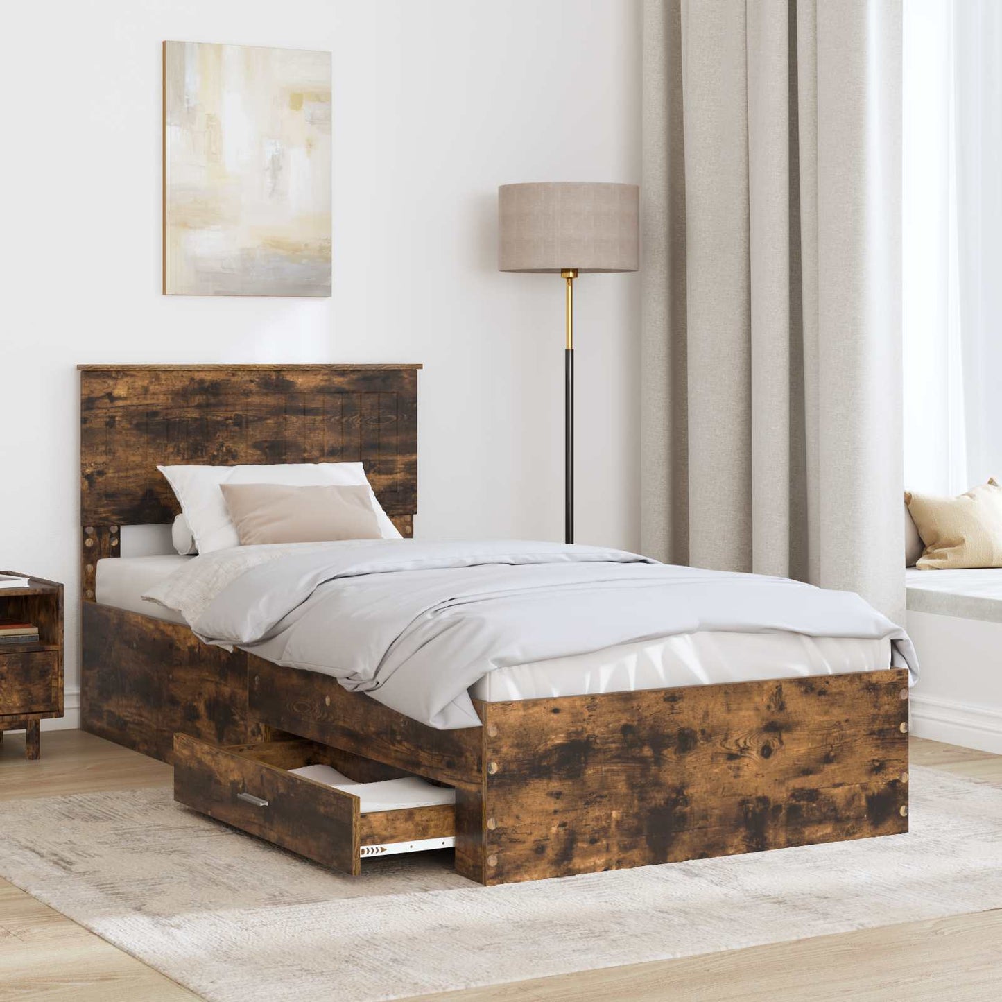 Bed Frame with Drawer Smoked Oak 90 x 200 cm Engineered Wood