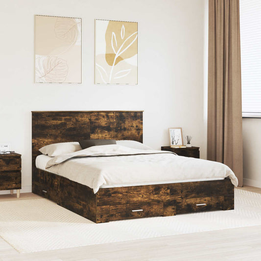 Bed Frame with Drawer Smoked Oak 150 x 200 cm Engineered Wood