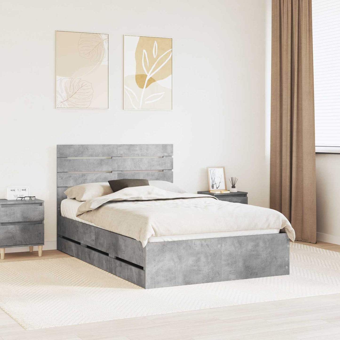 Bed Frame with Drawer Concrete Grey 135 x 190 cm Engineer Wood