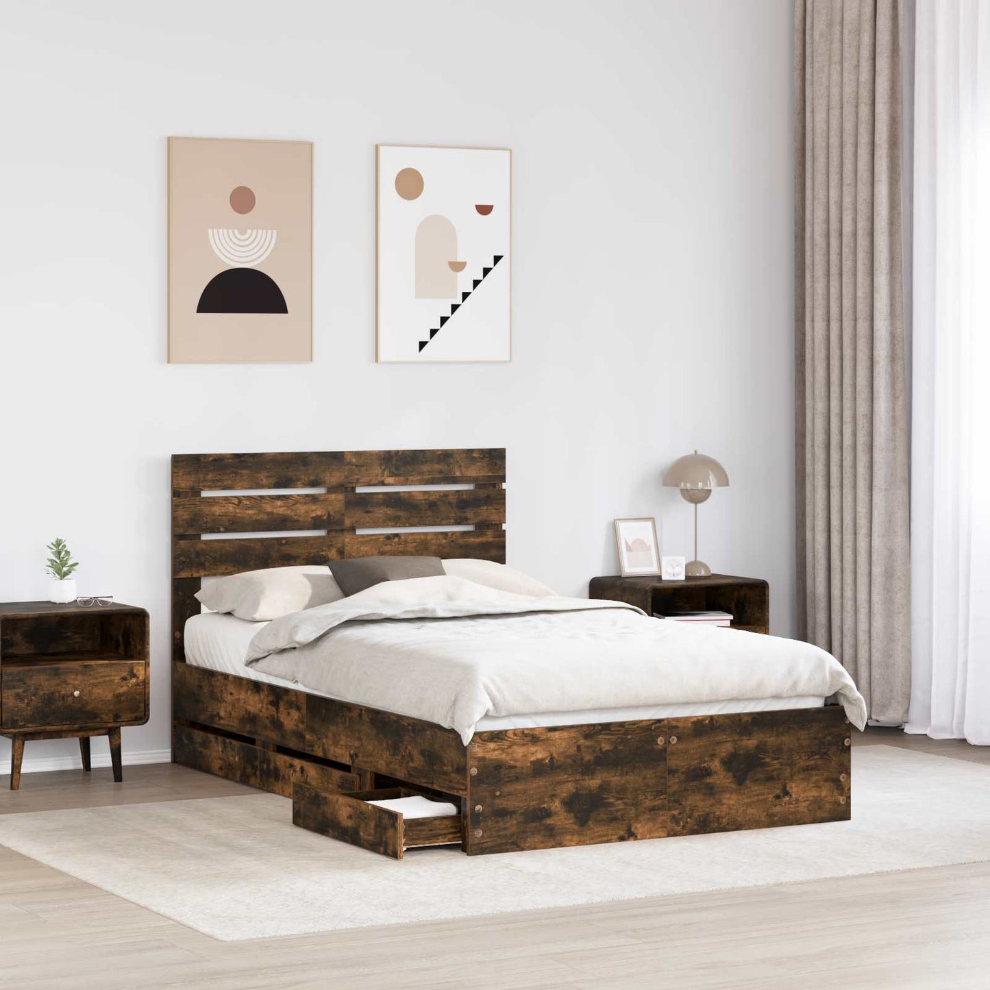 Bed Frame with Drawer Smoked Oak 135 x 190 cm Engineer Wood