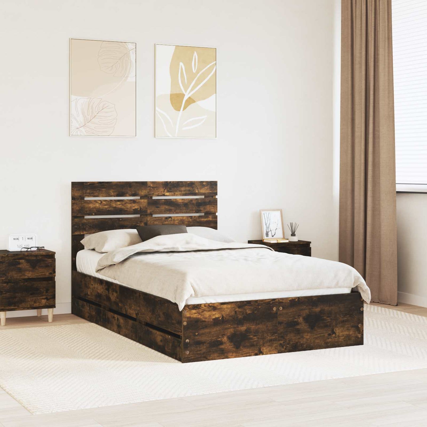 Bed Frame with Drawer Smoked Oak 120 x 200 cm Engineer Wood