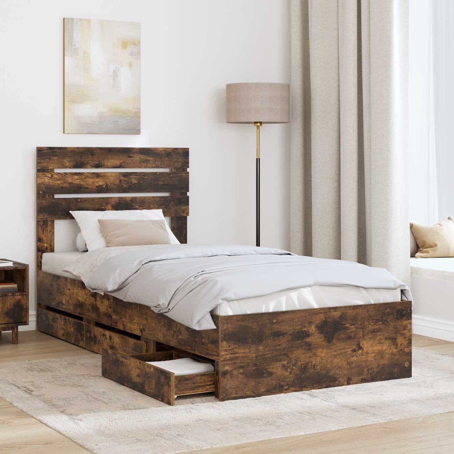 Bed Frame with Drawer Smoked Oak 100 x 200 cm Engineer Wood