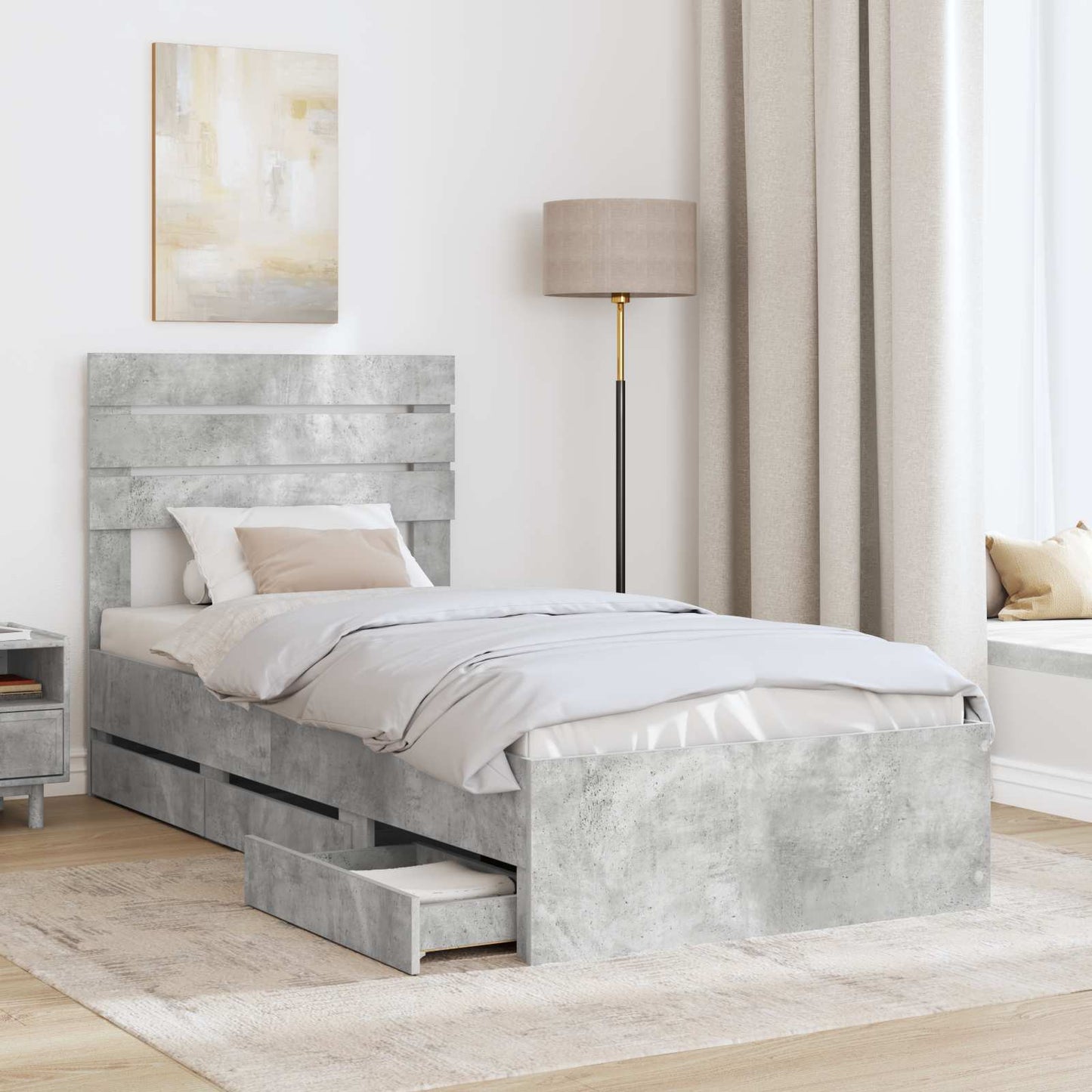 Bed Frame with Drawer Concrete Grey 90 x 190 cm Engineer Wood