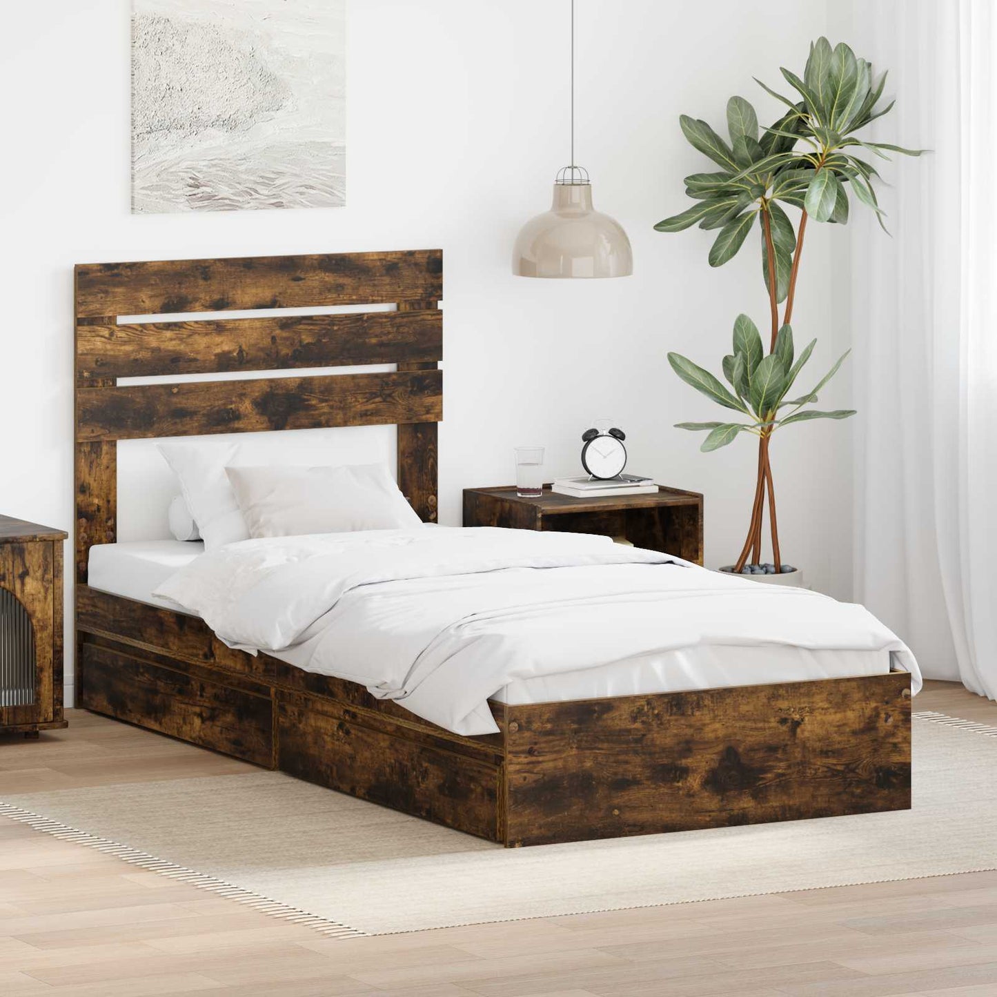 Storage Bed with Drawer Smoked Oak 90 x 200 cm Engineered Wood