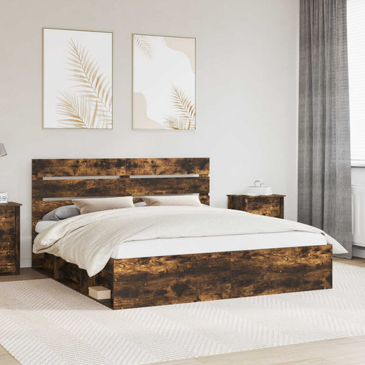Bed Frame Smoked Oak 200 x 200 cm Solid Pine Wood