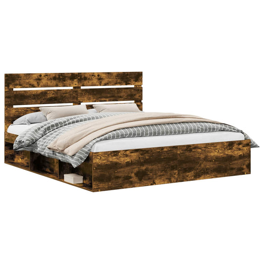 Bed Frame Smoked Oak 200 x 200 cm Solid Pine Wood