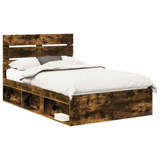 Bed Frame Smoked Oak 135 x 190 cm Solid Pine Wood