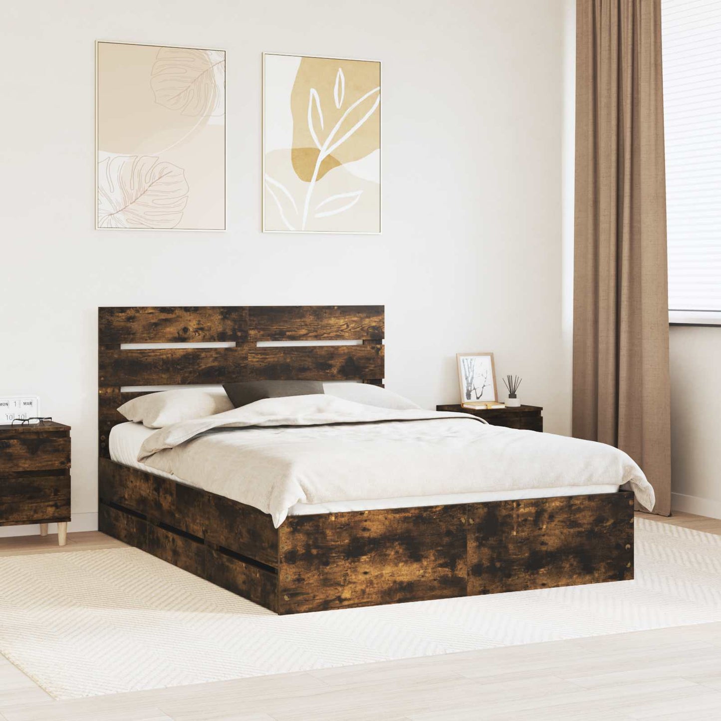 Bed Frame with Drawer Smoked Oak 160 x 200 cm Engineer Wood