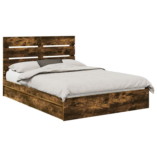 Storage Bed with Drawer Smoked Oak 160 x 200 cm Engineered Wood