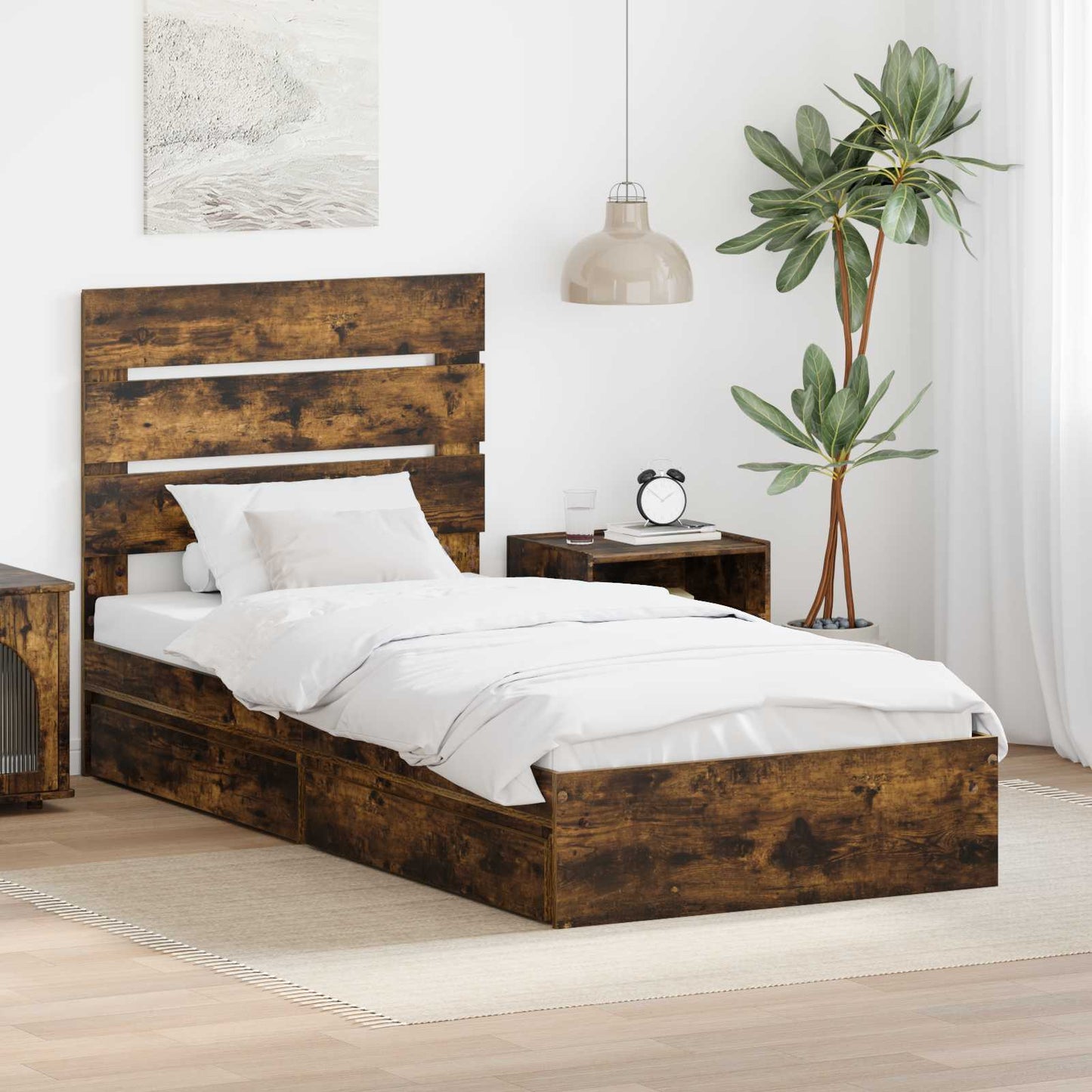 Storage Bed with Drawer Smoked Oak 90 x 190 cm Engineered Wood
