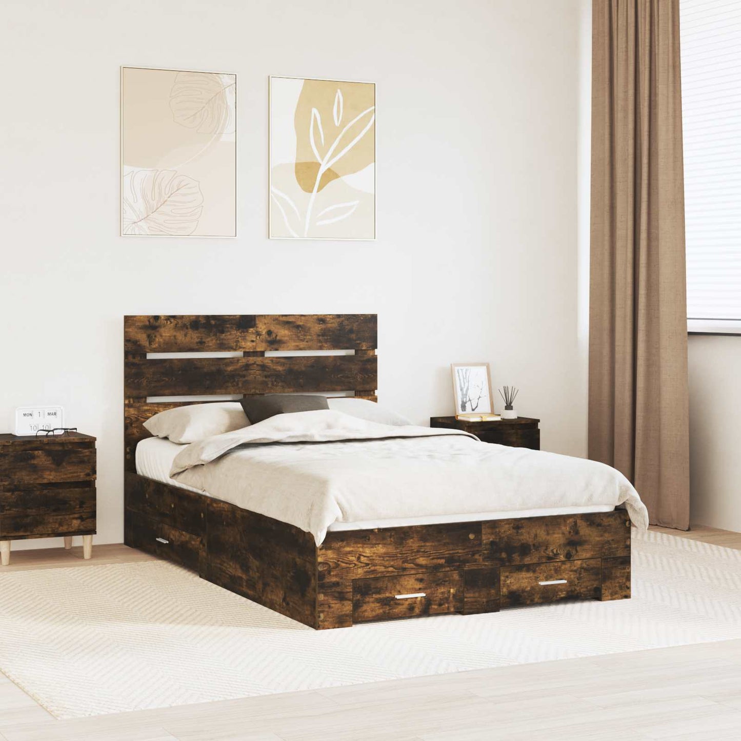 Bed Frame with Drawer Smoked Oak 120 x 190 cm Engineered Wood
