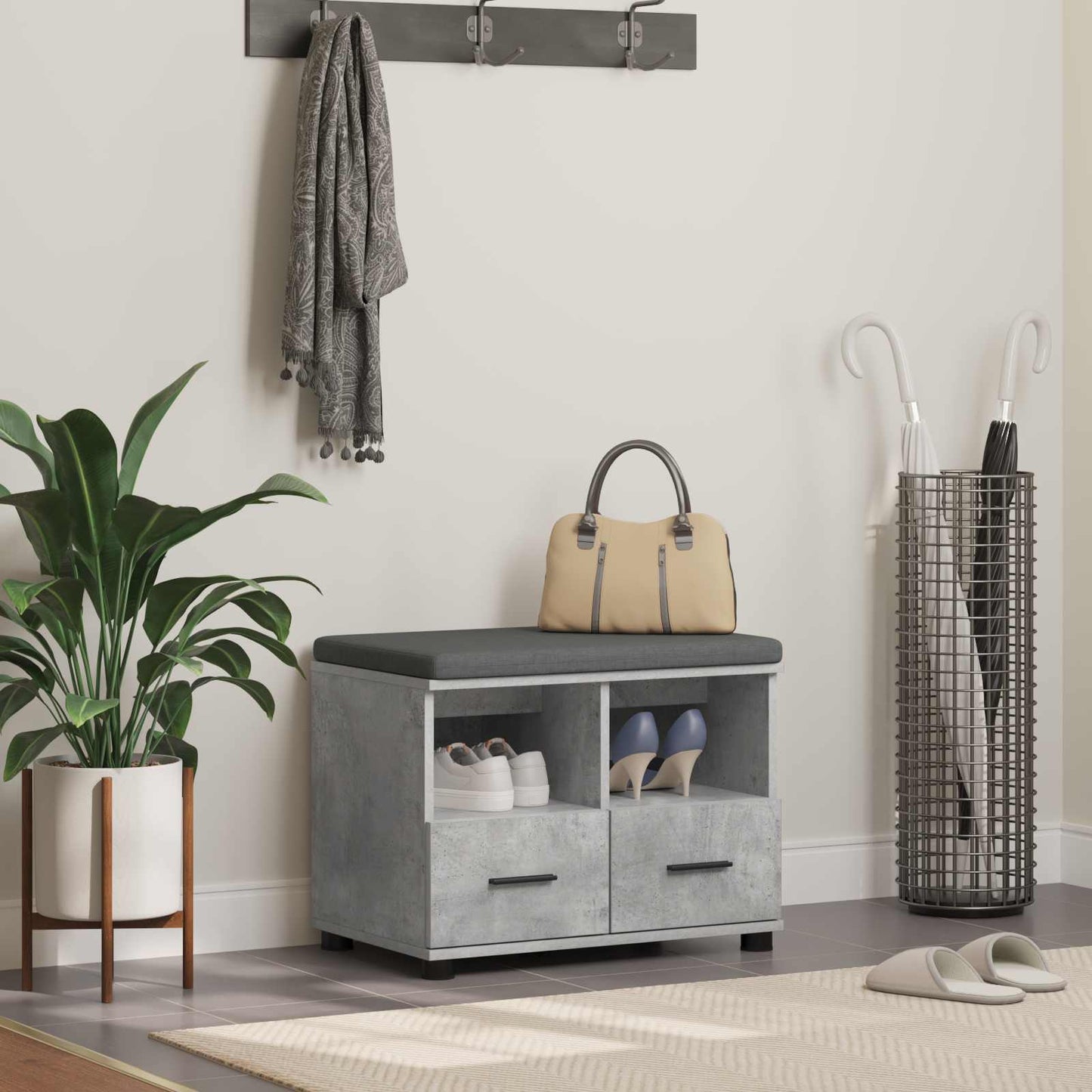 Hall Bench with Cushion Concrete Grey 60 x 38 x 46 cm