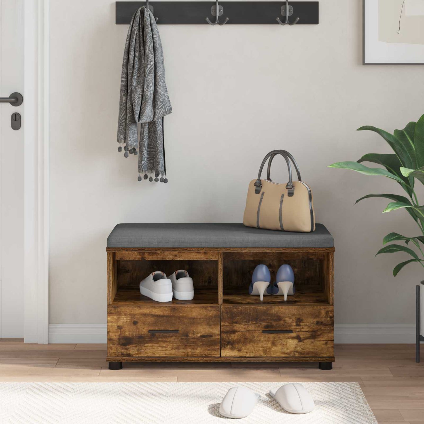 Hall Bench with Cushion with Drawer Smoked Oak 80 x 38 x 46 cm