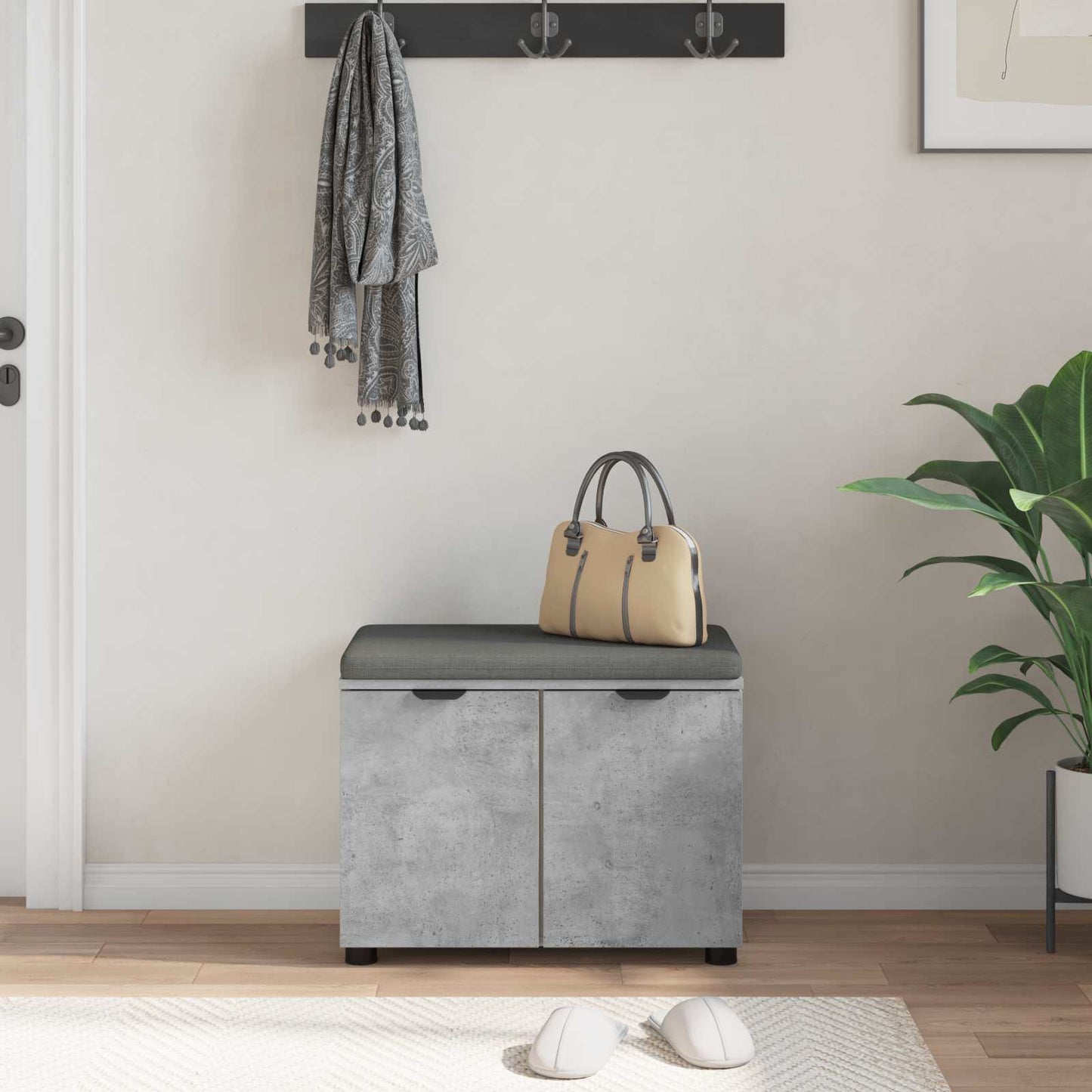 Hall Bench with Cushion with Door Concrete Grey 60 x 38 x 46 cm