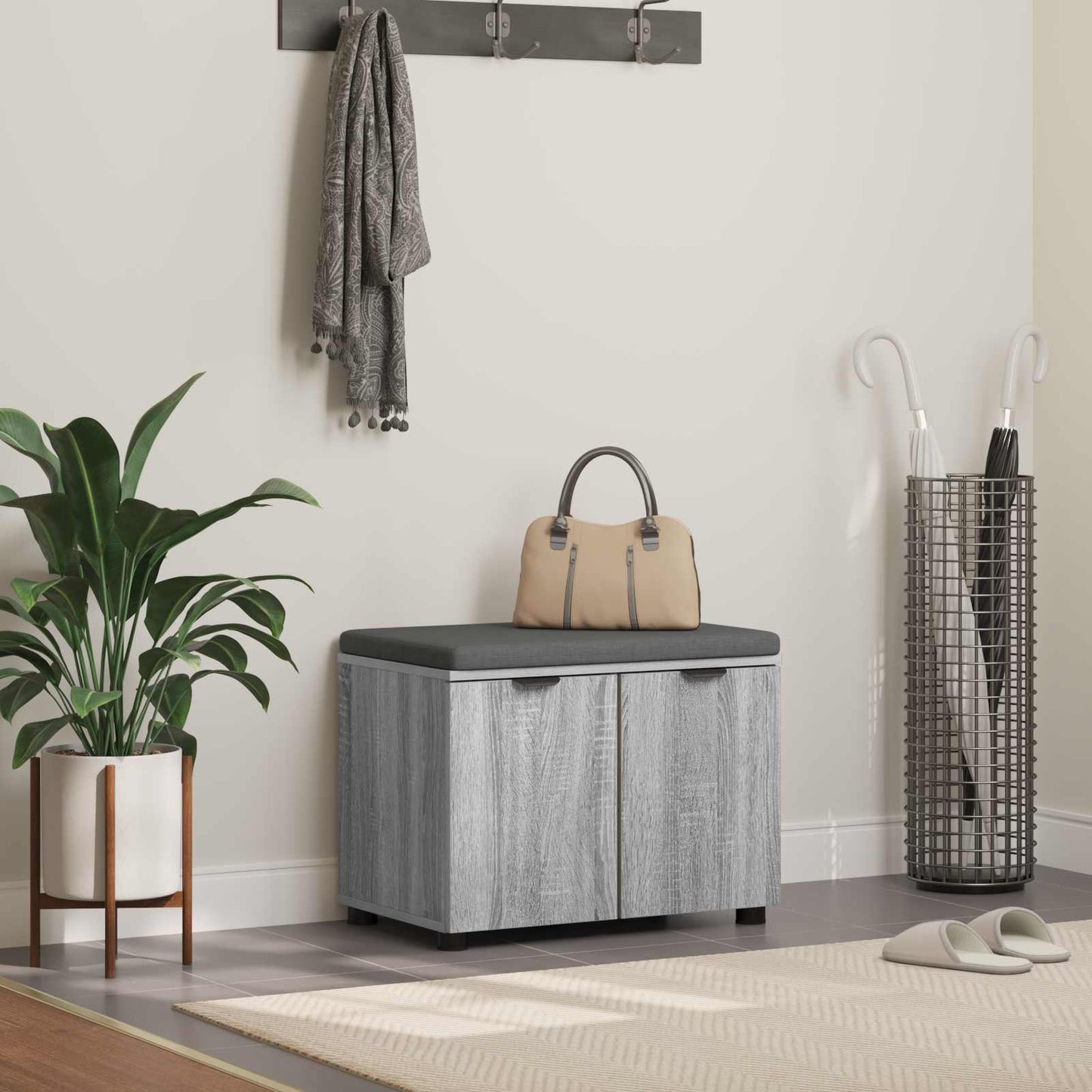 Hall Bench with Cushion with Shelf Grey Sonoma 60 x 38 x 46 cm
