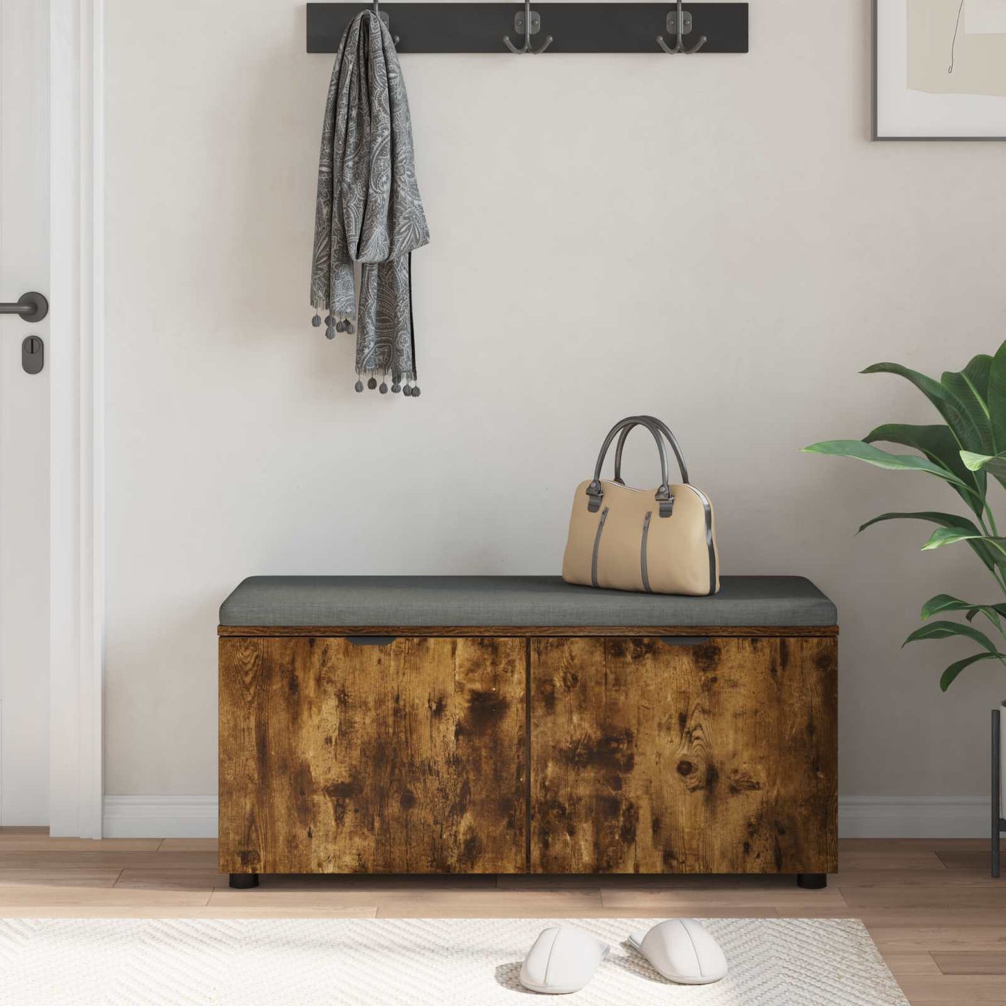 Hall Bench with Cushion with Shelf Smoked Oak 100 x 38 x 46 cm
