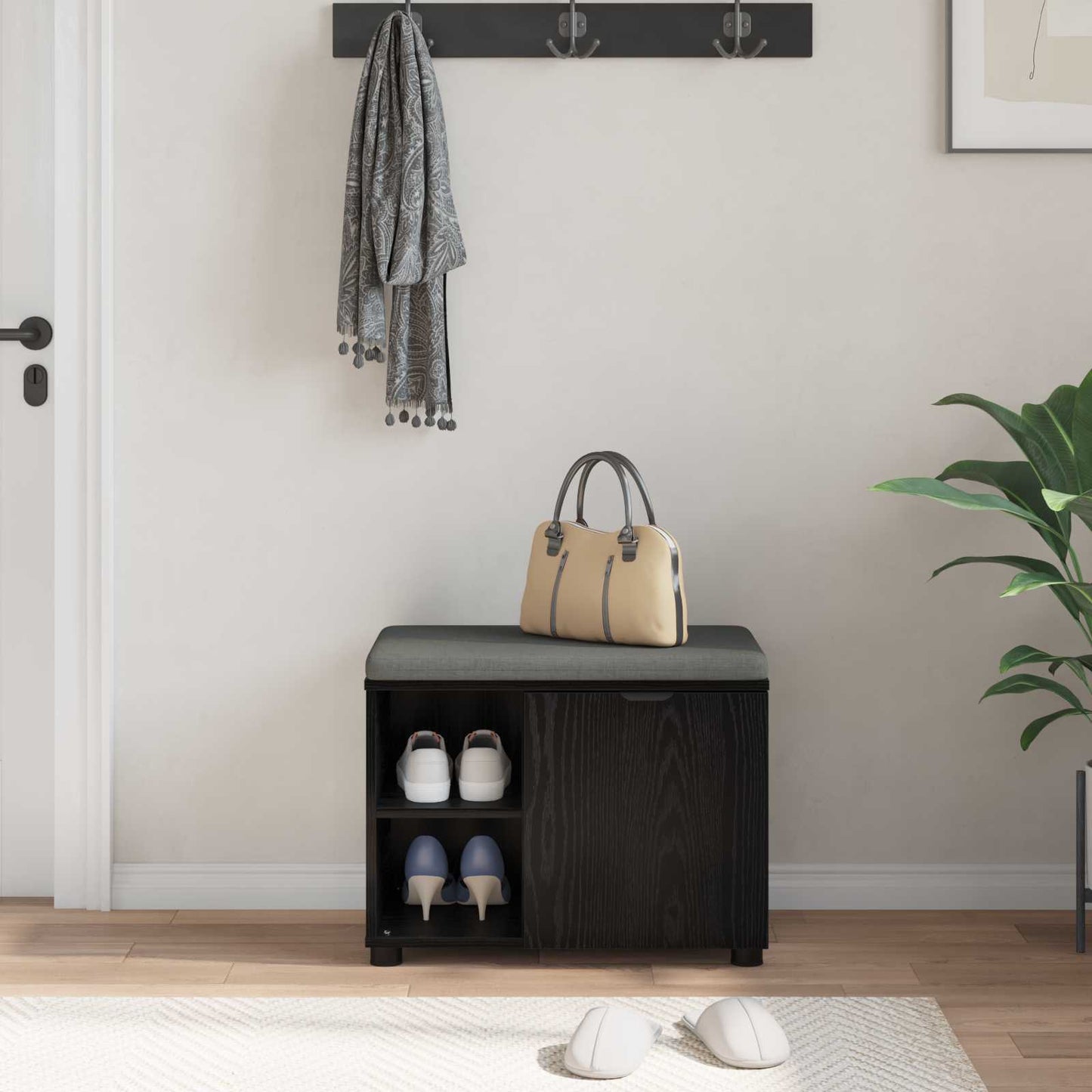 Hall Bench Black Oak 60 x 38 x 46 cm Engineered Wood and Fabric