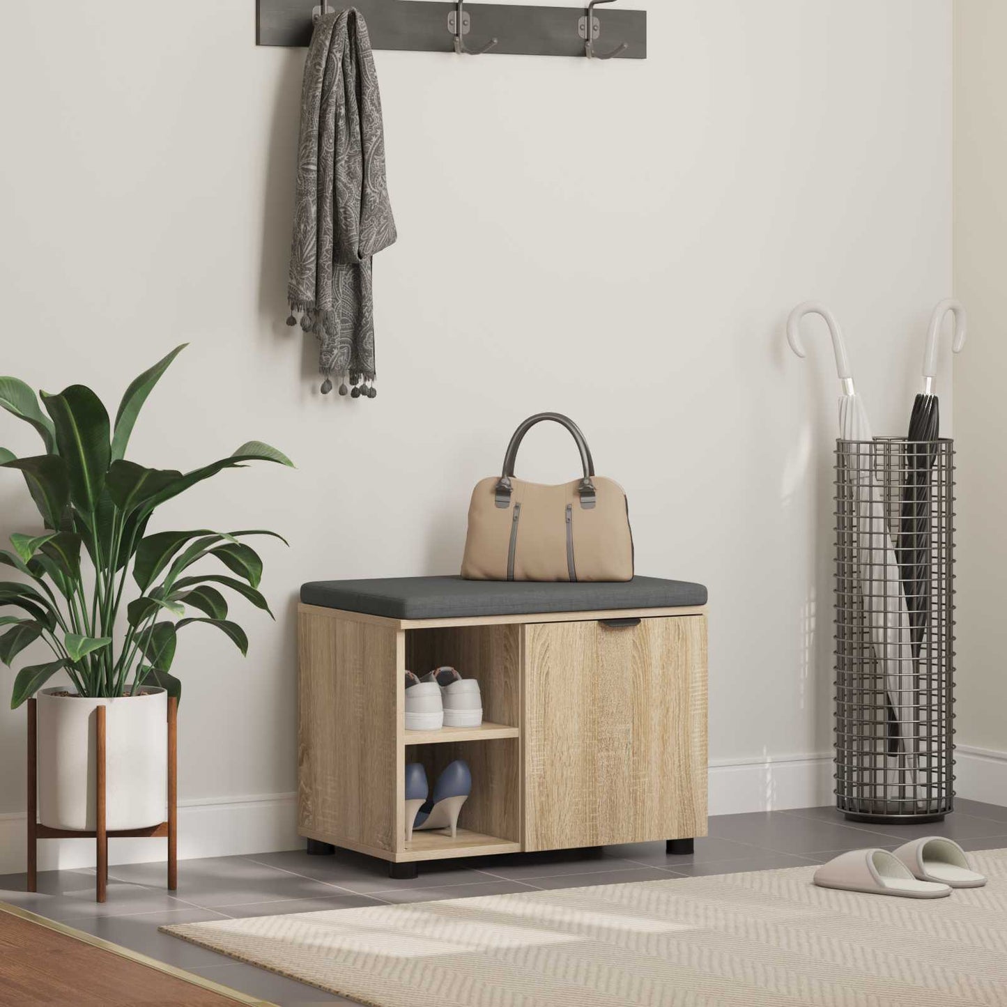 Hall Bench with Cushion with Shelf Sonoma Oak 60 x 38 x 46 cm