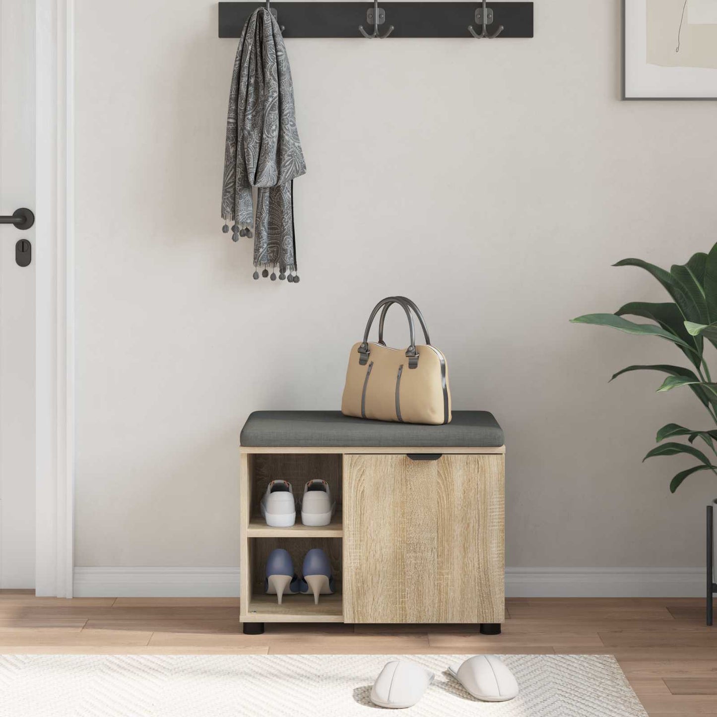 Hall Bench with Cushion with Shelf Sonoma Oak 60 x 38 x 46 cm