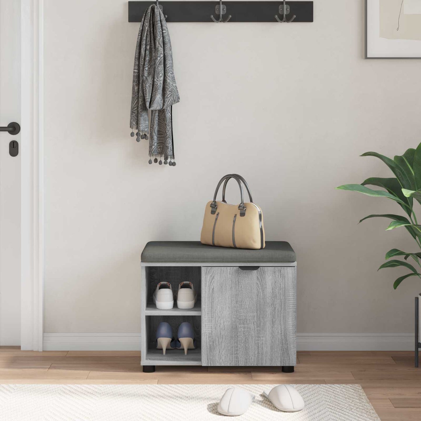 Hall Bench with Cushion with Shelf Grey Sonoma 60 x 38 x 46 cm