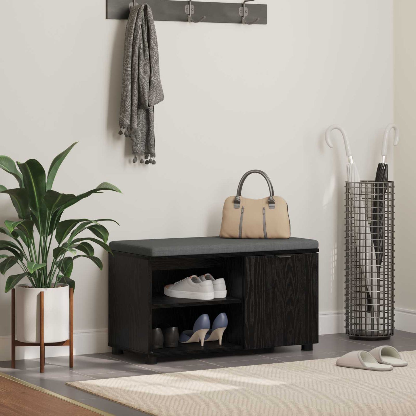 Hall Bench Black Oak 80 x 38 x 46 cm Engineered Wood and Fabric
