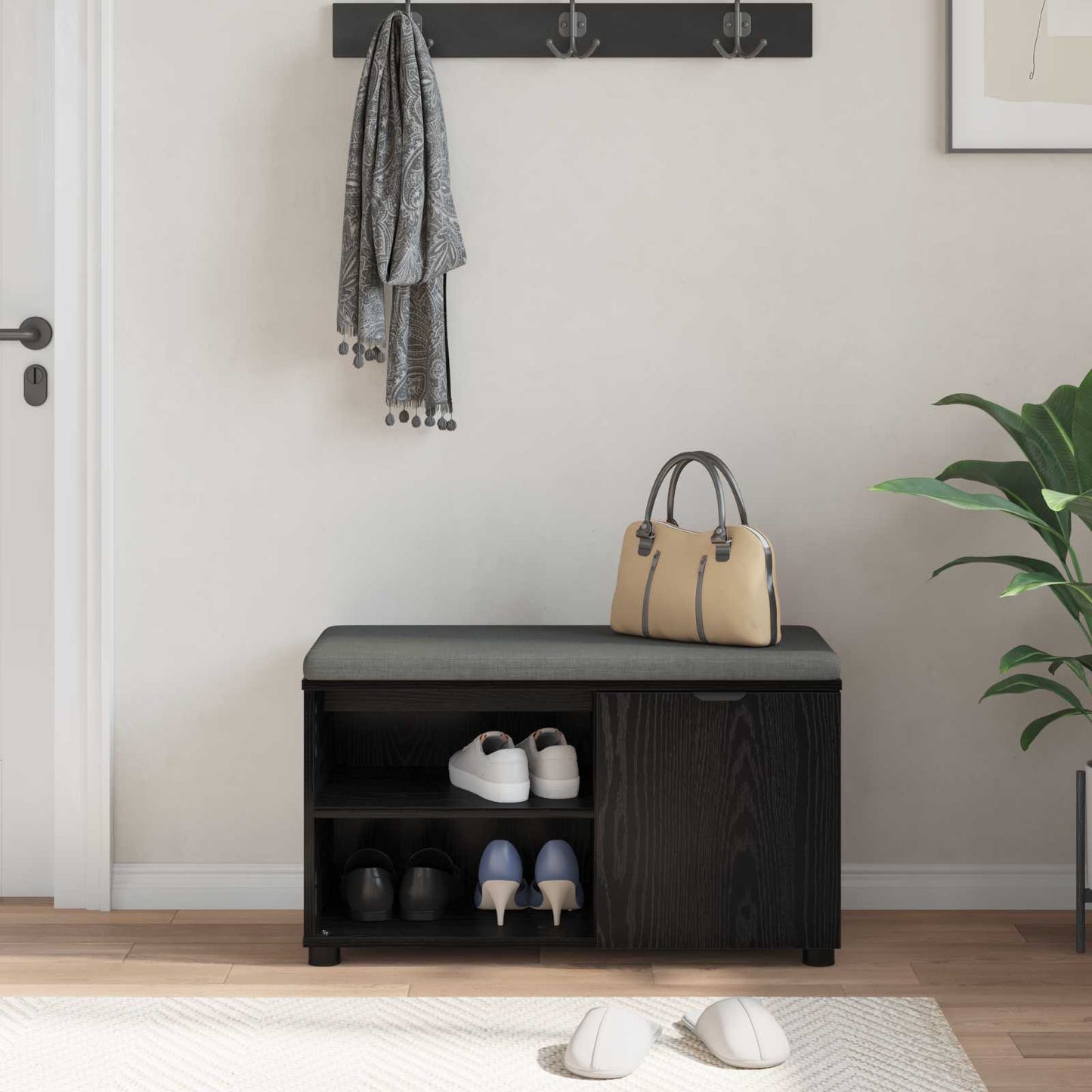 Hall Bench Black Oak 80 x 38 x 46 cm Engineered Wood and Fabric