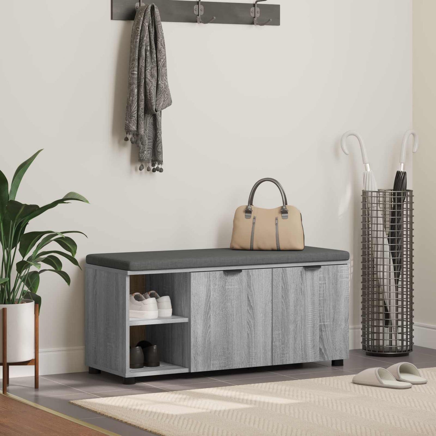 Hall Bench with Cushion with Shelf Grey Sonoma 100 x 38 x 46 cm