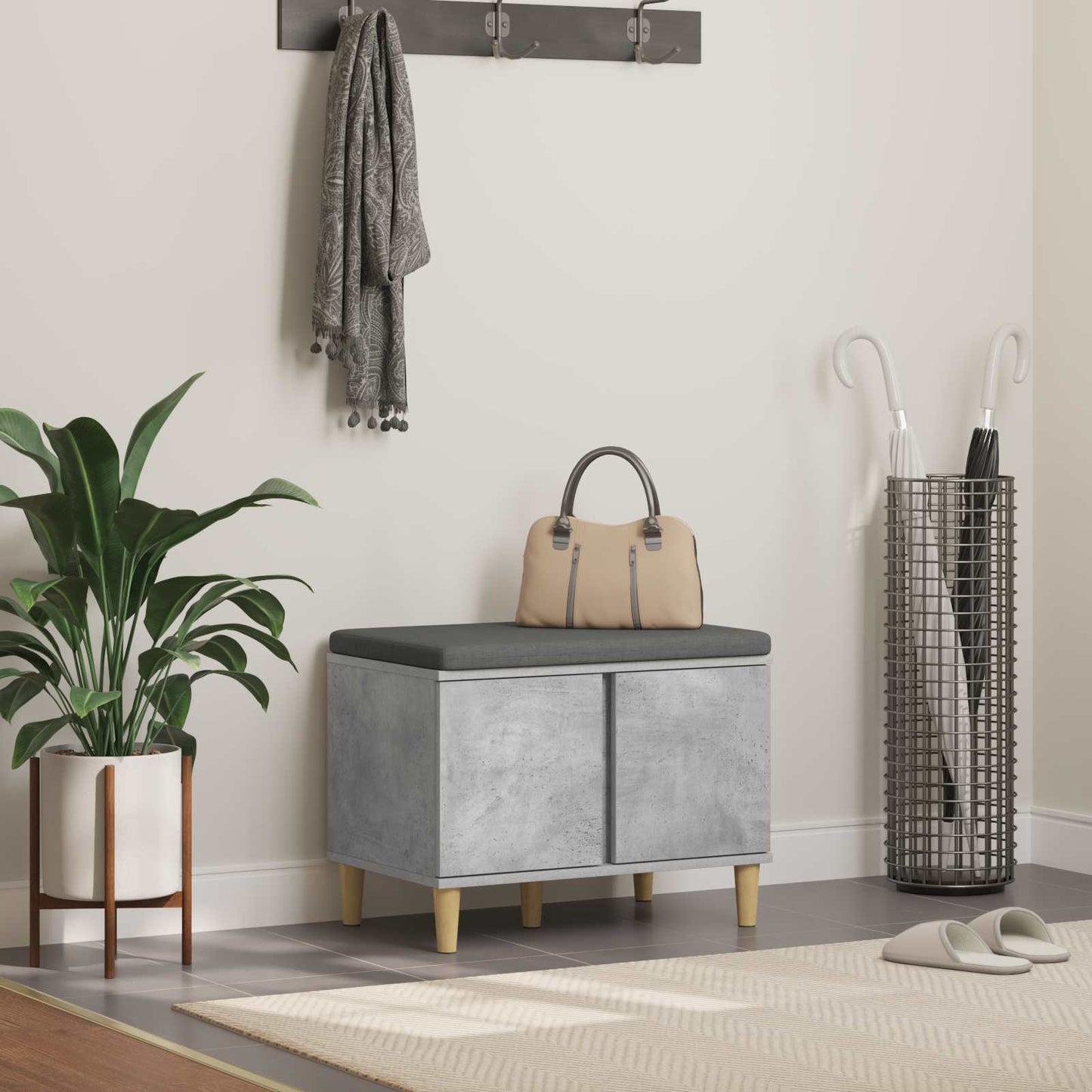 Hall Bench with Cushion with Door Concrete Grey 60 x 38 x 46 cm