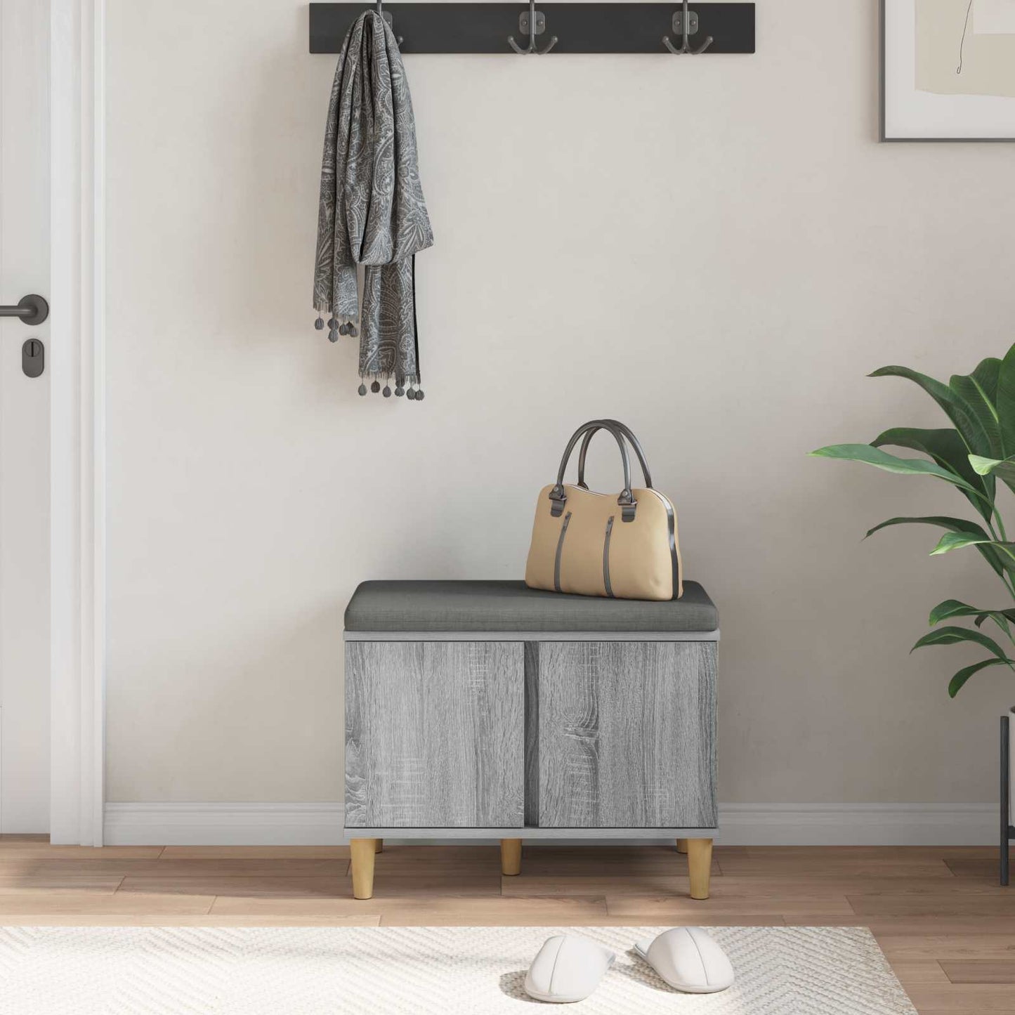Hall Bench with Cushion with Door Grey Sonoma 60 x 38 x 46 cm