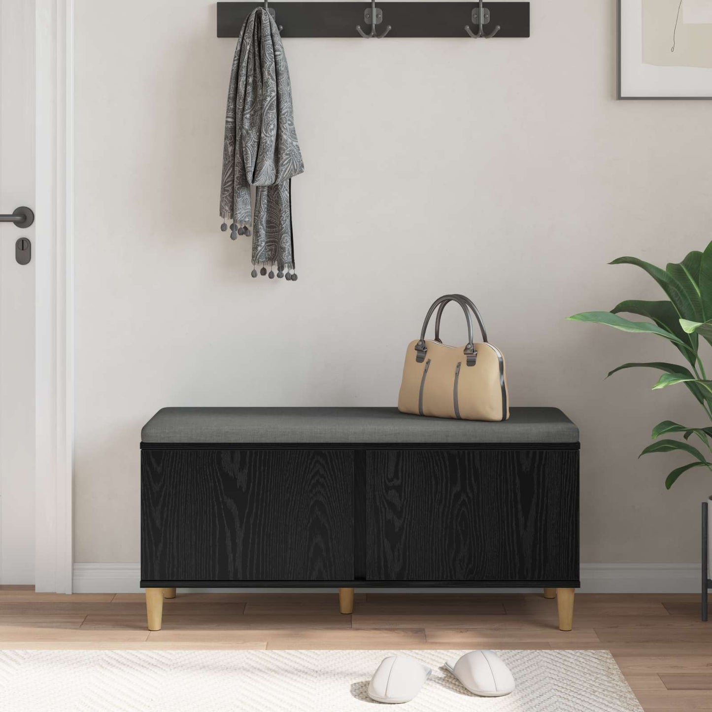 Hall Bench with Cushion with Storage Black Oak 100 x 38 x 46 cm
