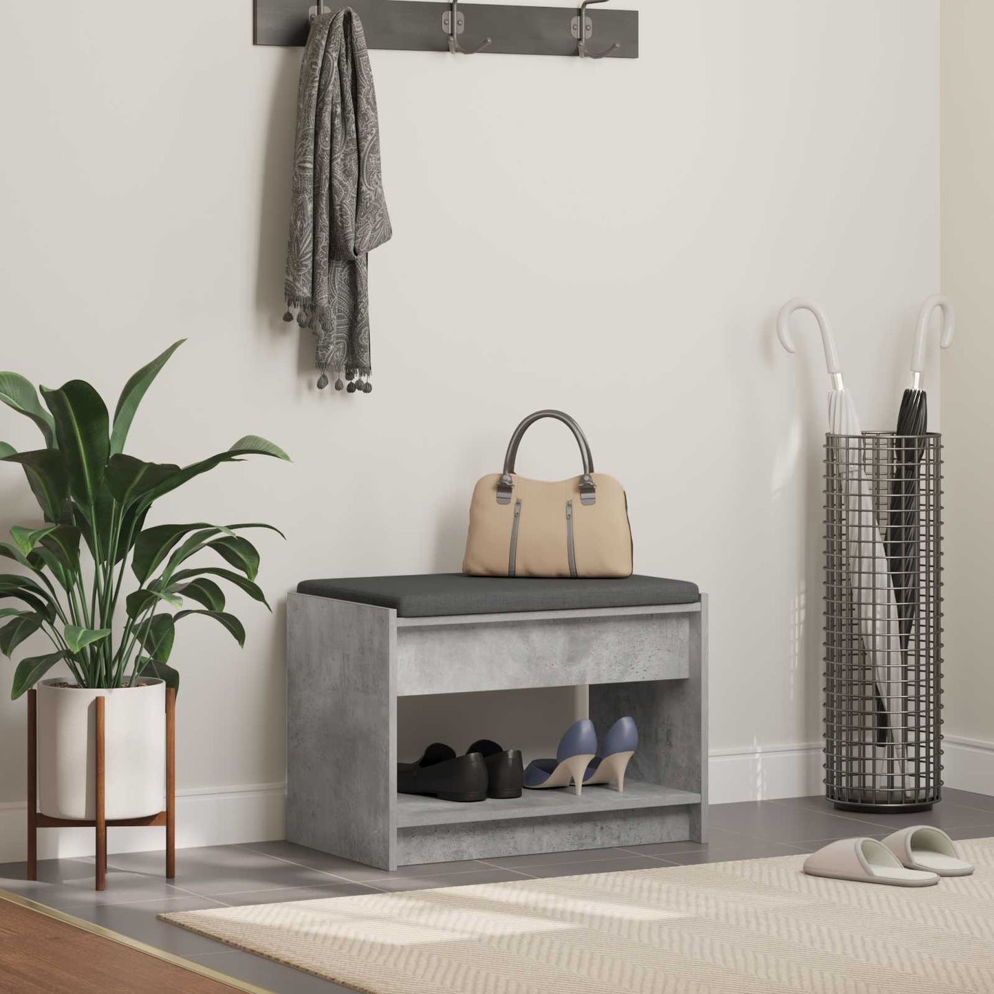 Hall Bench with Cushion Concrete Grey 63 x 38 x 45 cm