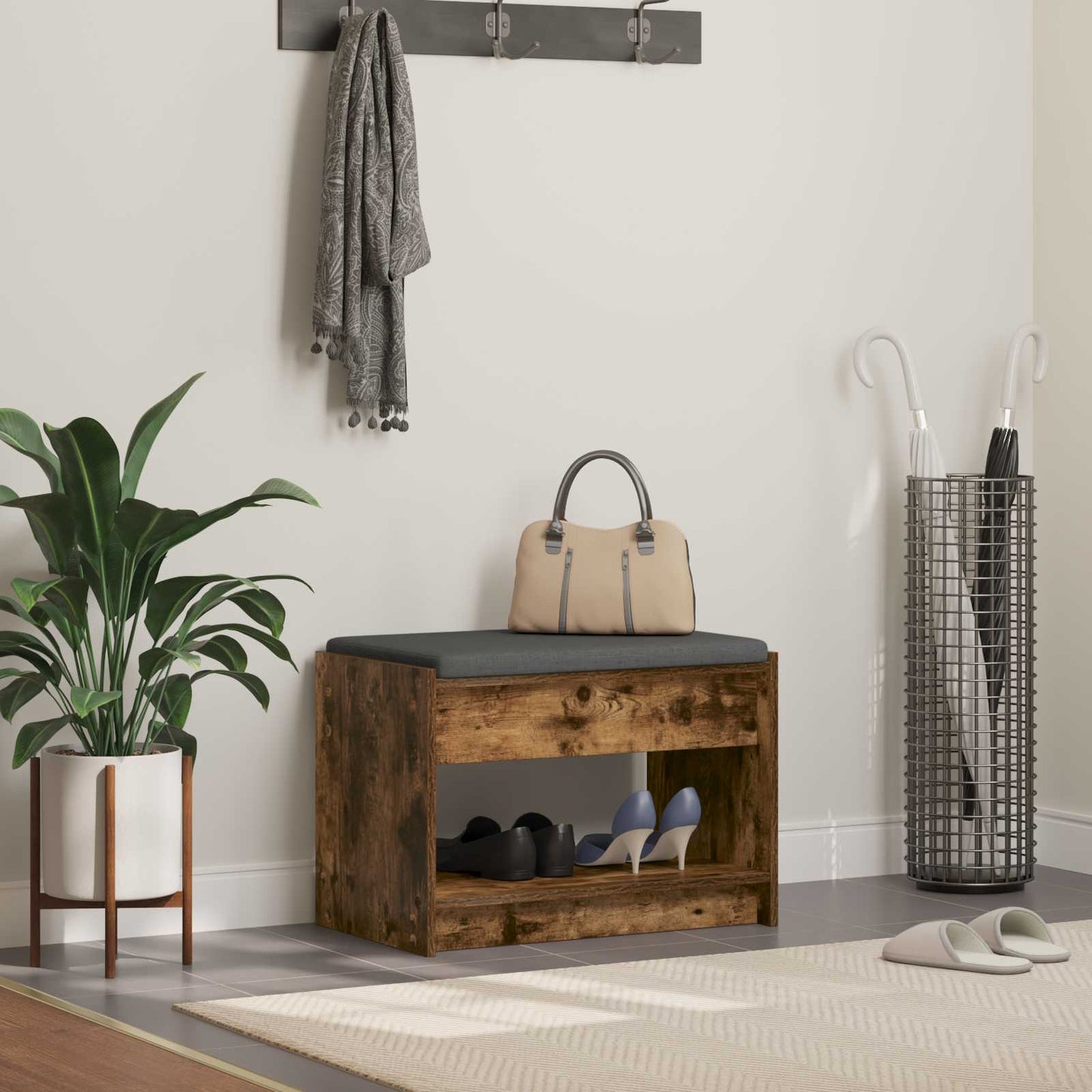 Hall Bench with Cushion with Shelf Smoked Oak 63 x 38 x 45 cm