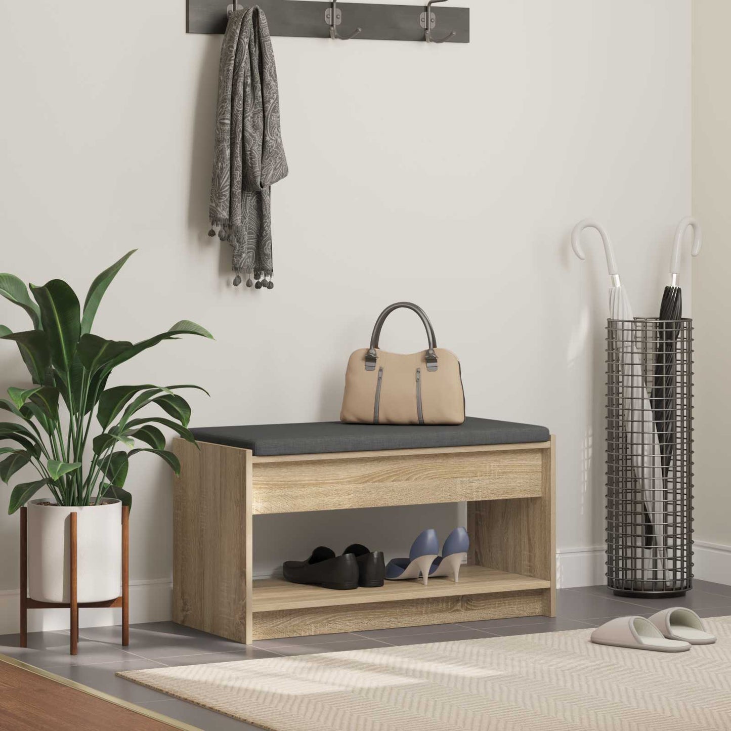 Hall Bench with Cushion with Shelf Sonoma Oak 83 x 38 x 45 cm